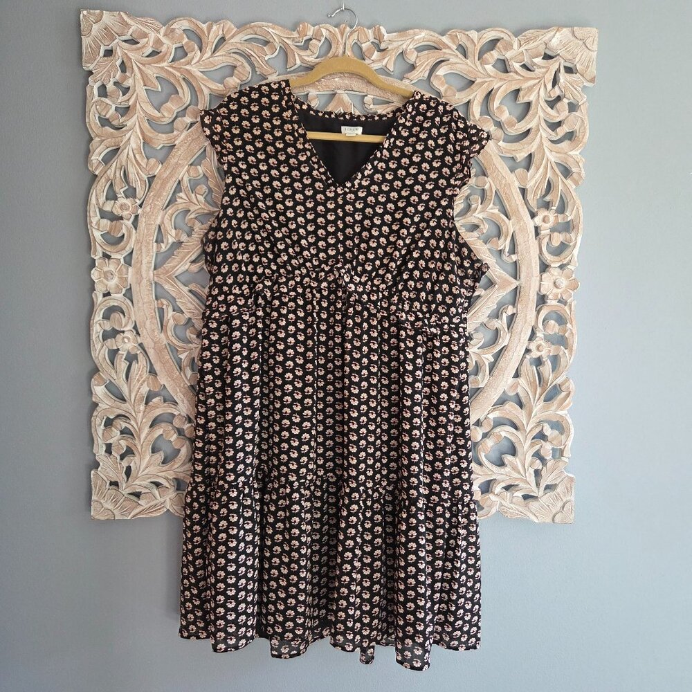 JCrew Flutter Sleeve V Neck Mini Dress Black Floral Size 20